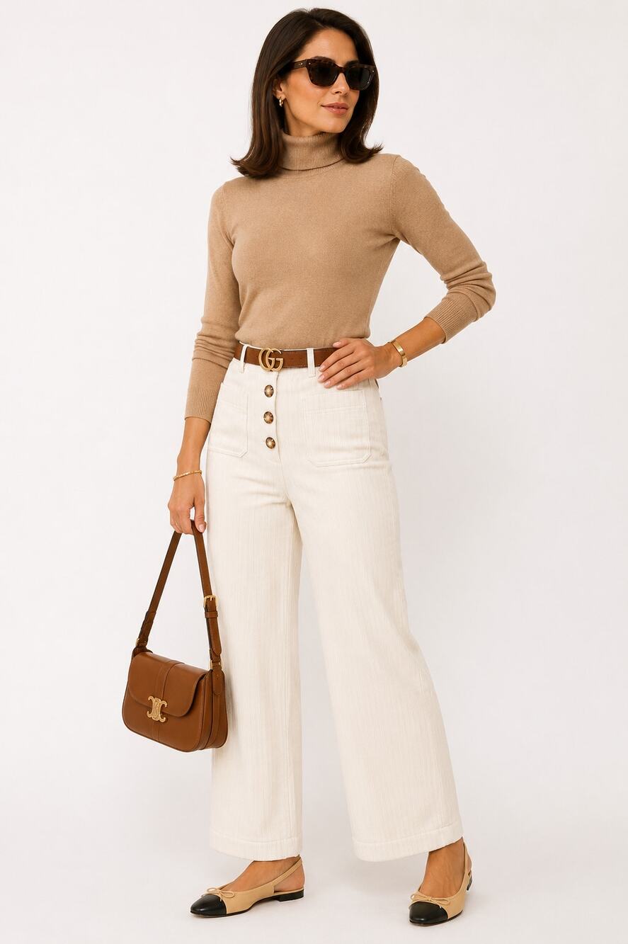 Joie Cream Wide Leg Corduroy Pants Button Front Patch Pocket Size 8